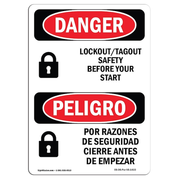 Safety Sign, OSHA Danger, 24" Height, Aluminum, Lockout Safety Before You Start Bilingual Spanish